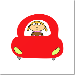 Girl driving in a red car. Interesting design, modern, interesting drawing. Hobby and interest. Concept and idea. Posters and Art